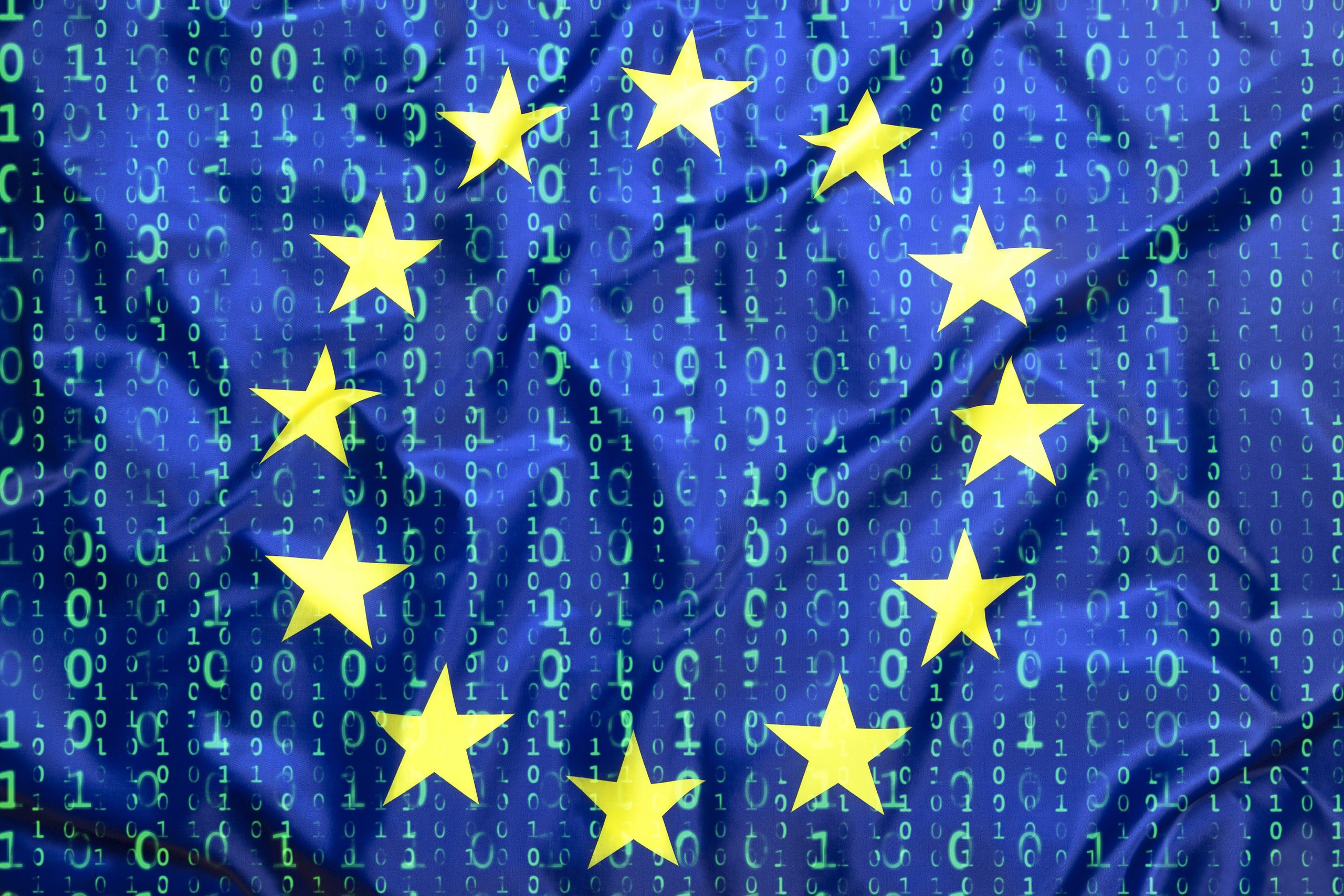 Data protection, binary code with European Union flag